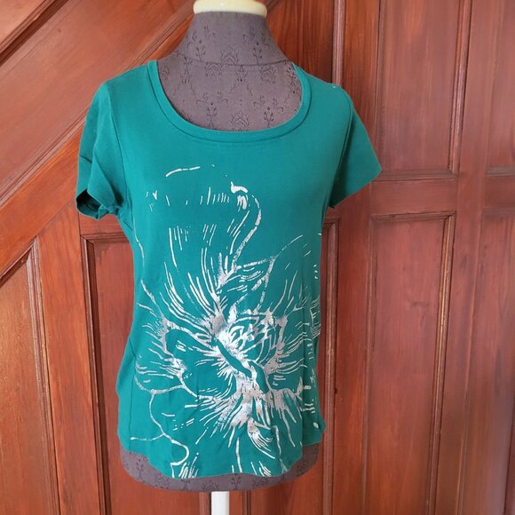 St. Johns Bay Green Floral Graphic Short Sleeve T-Shirt Womens L 100% Cotton Cas - Picture 1 of 6
